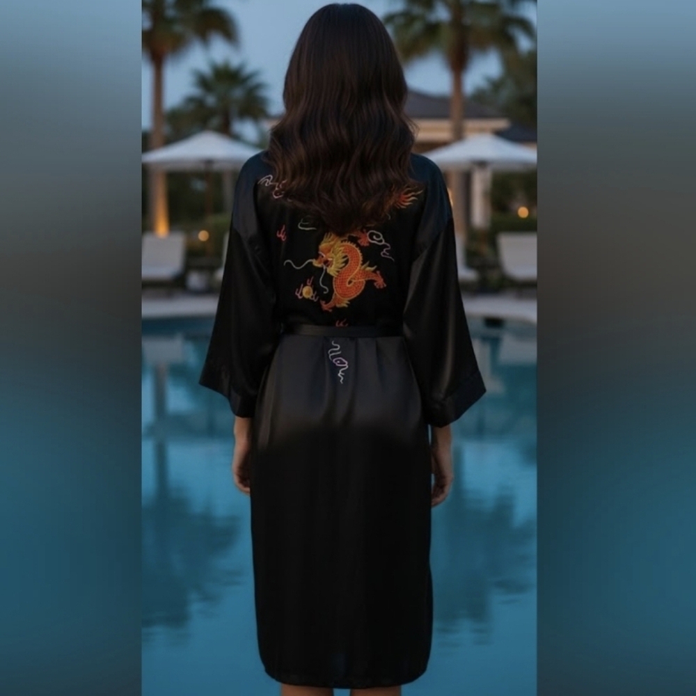 Vintage Golden Bee Embroidered Dragon Black Satin Robe Size S